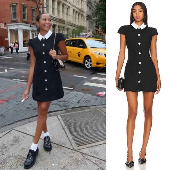 LIKELY | Riello Dress Black Tweed Collared Mini Shirt Dress Crystal Buttons 0 - Picture 1 of 16